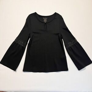 Chico's Top Knit Black Stretch Crochet Inset Bell Sleeves Keyhole Classic 1 US M